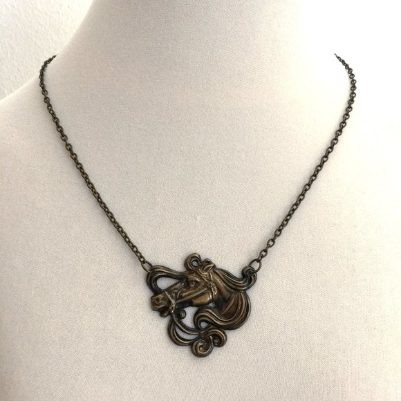 Antiqued Brass Victorian Carousel Horse Art Deco Aged Oxidized Pendant Necklace - Picture 2 of 3